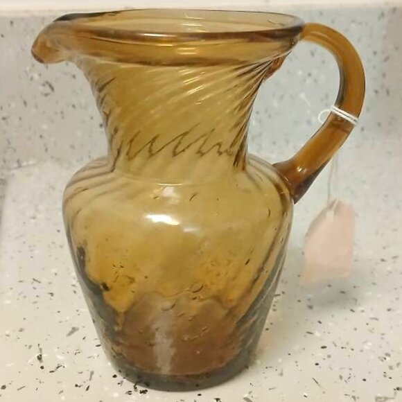 Vintage Hand Blown Amber Pitcher. Swirl Optic Pattern. Crackle Glass Finish - Picture 1 of 7